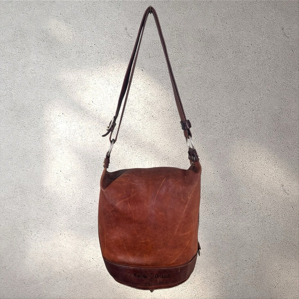 Marino Orlandi Leather Bucket Shoulder Bag Cognac Brown Plaid Wool Lining